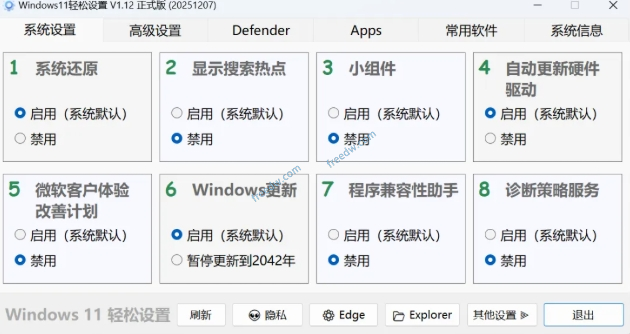 【1.10】轻松优化Win系统设置，支持win10/11，一键禁用开启设置项，不到1M的小工具，系统优化功能超强大！-FreeDw资源库